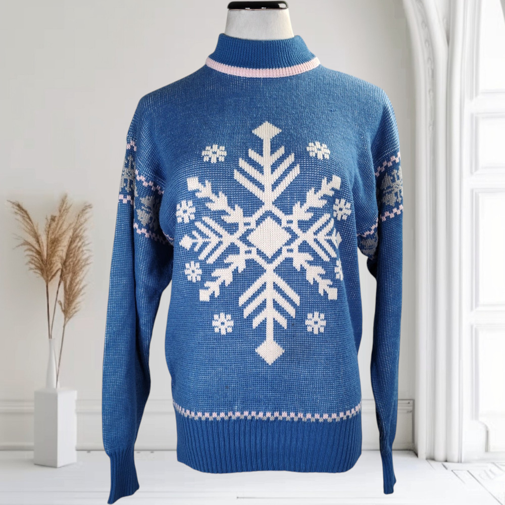 Vintage Obermeyer Wool Blend Apres Ski Sweater Snowflake Jewel Mock Neck M Blue